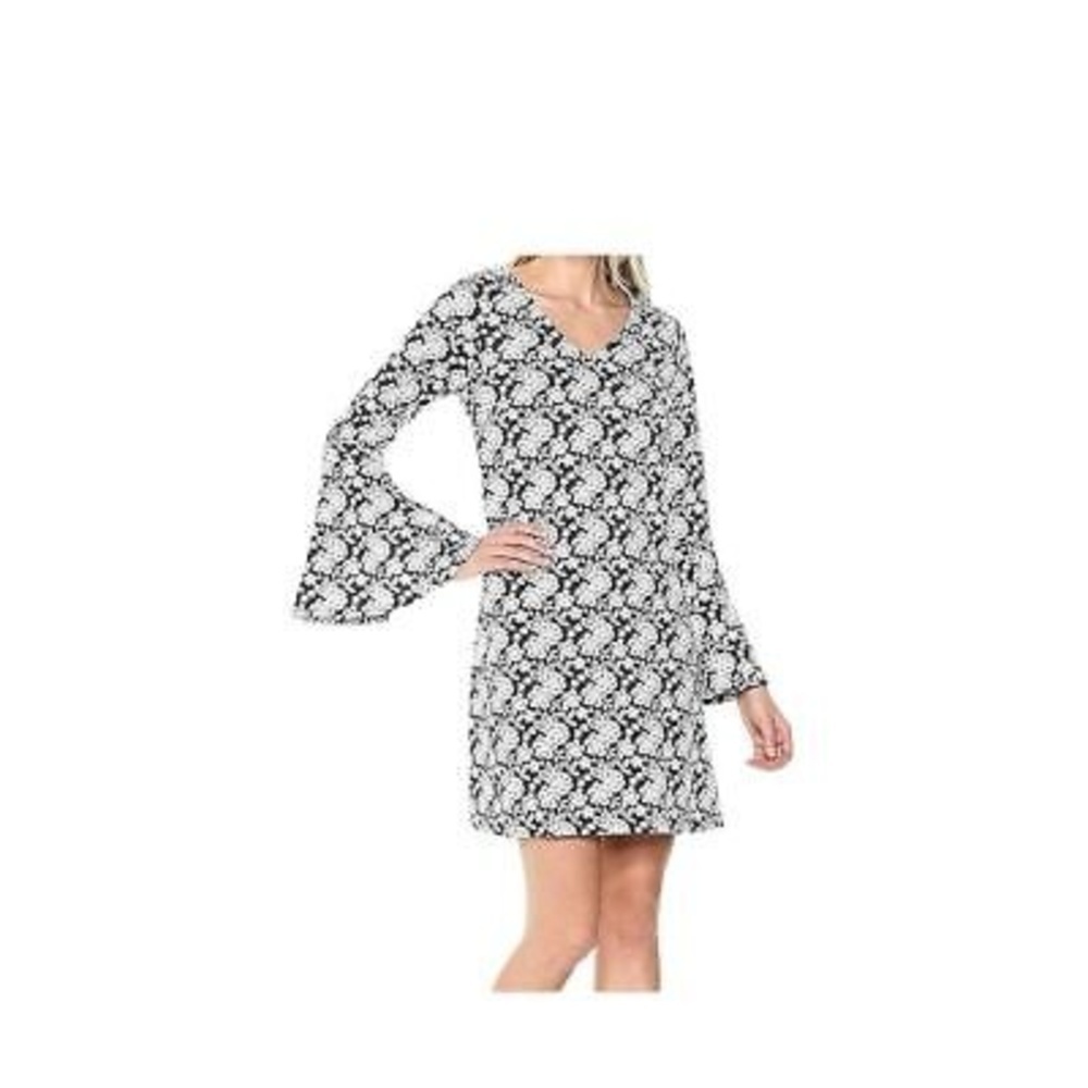 Robbie Bee Women's V-Neck Long Bell Sleeve Floral Shift Dress Black M